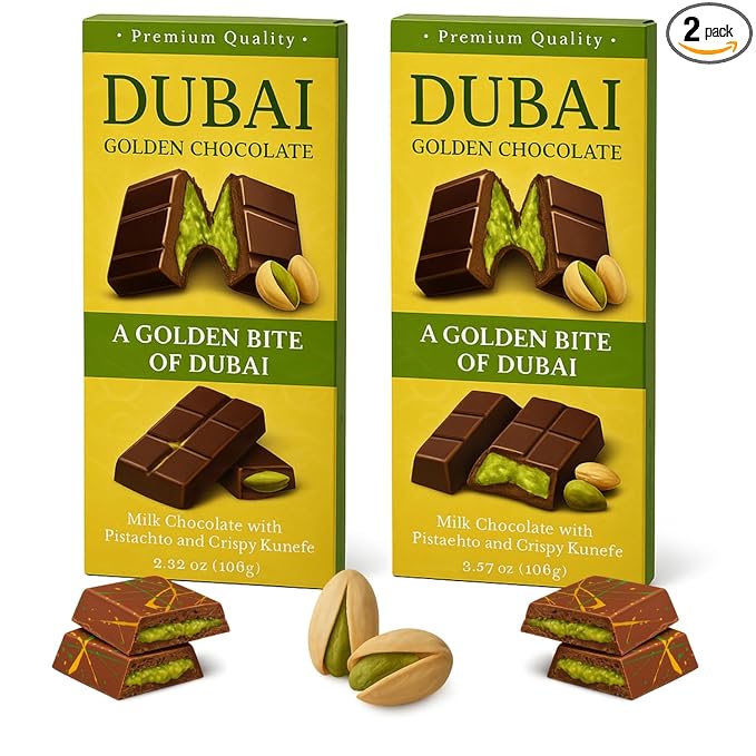 Zimply Foods 2 Packs Each 3.53 Oz Dubai Chocolate Bars - Luxurious Milk Chocolate with Pistachio and Crispy Kunefe Middle Eastern-Luxury Artisan Pistachio Dubai Choclate Gift for Gifting. Premium Qua