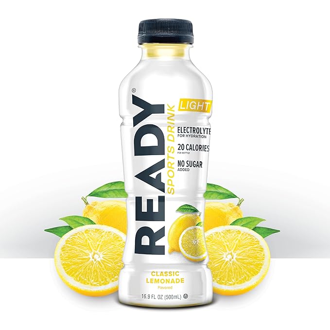 Ready® Sports Drink Light – The Ultimate Low-Calorie Hydration Drink with 4 Different Electrolytes – No Added Sugars – Naturally Sweetened &amp Flavored – Classic Lemonade16.9 oz (12-Pack)
