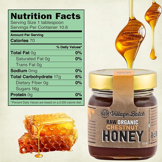 Village Batch Raw Organic Chestnut Honey 8.5oz Jar (Pack of 1) Bold and Earthy Greek.Honey Unfiltered Unpasteurized Rich Flavor Organic Raw-Honey with Mahogany Notes and Mellow Sweetness