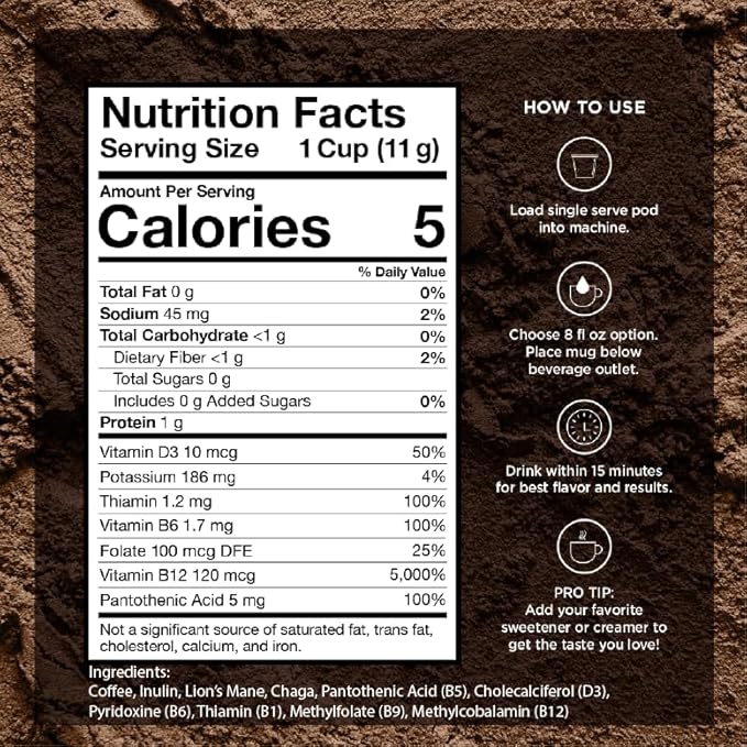 VitaCup Mushroom Coffee Pods Boost Focus &amp Immunity w/Lions Mane Chaga B Vitamins D3 for Memory &amp Clarity Medium Roast Single Serve Pod Compatible w/Keurig K-Cup Brewers64 Ct