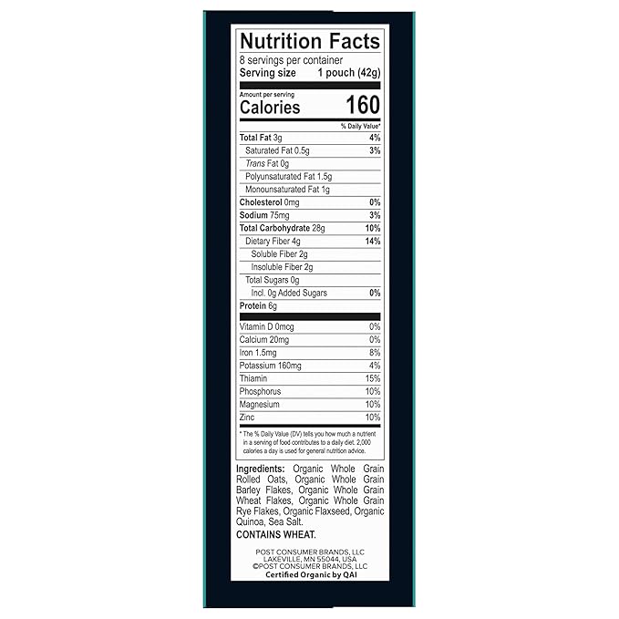 Better Oats Bare Organic Multigrain Hot Cereal Packets Instant Oatmeal Thick and Hearty Texture USDA Organic Box of 8 Pouches (Pack of 6)