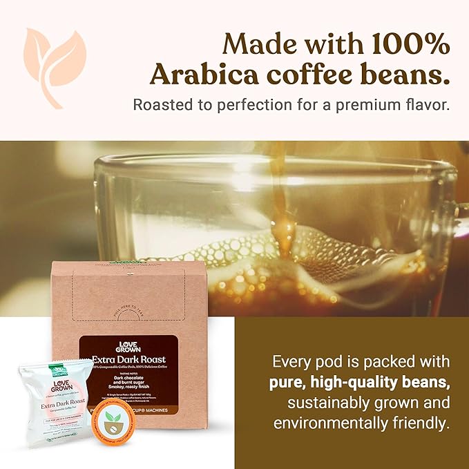 Love Grown Compostable Coffee Pods - Compatible With Most Major Coffee Pod Brewers - 100% Arabica Plastic-Free Non-GMO - Extra Dark Roast Box of 15