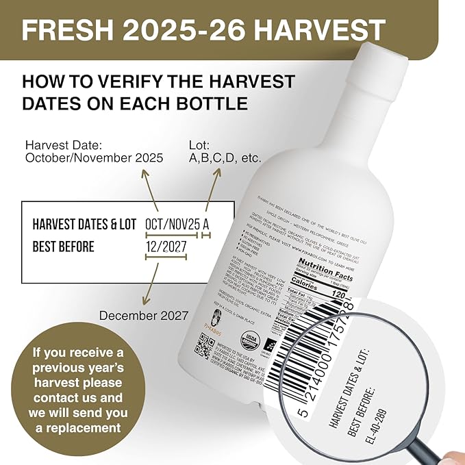 P.J. KABOS Fresh 2025/26 Harvest High Phenolic (400+ mg/kg) USDA Organic Greek Extra Virgin Olive Oil Kosher Greece Cold Extracted 16.9oz Glass Bottle “Family Reserve Organic - Medium”
