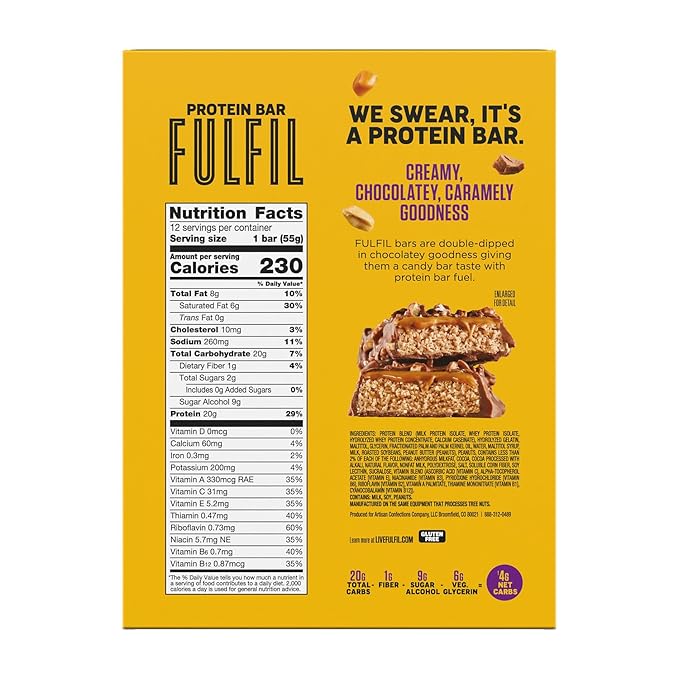 FULFIL Protein Bars Chocolate Peanut Caramel Flavored Gluten Free with 20g Protein Pantry Staples 12 Count