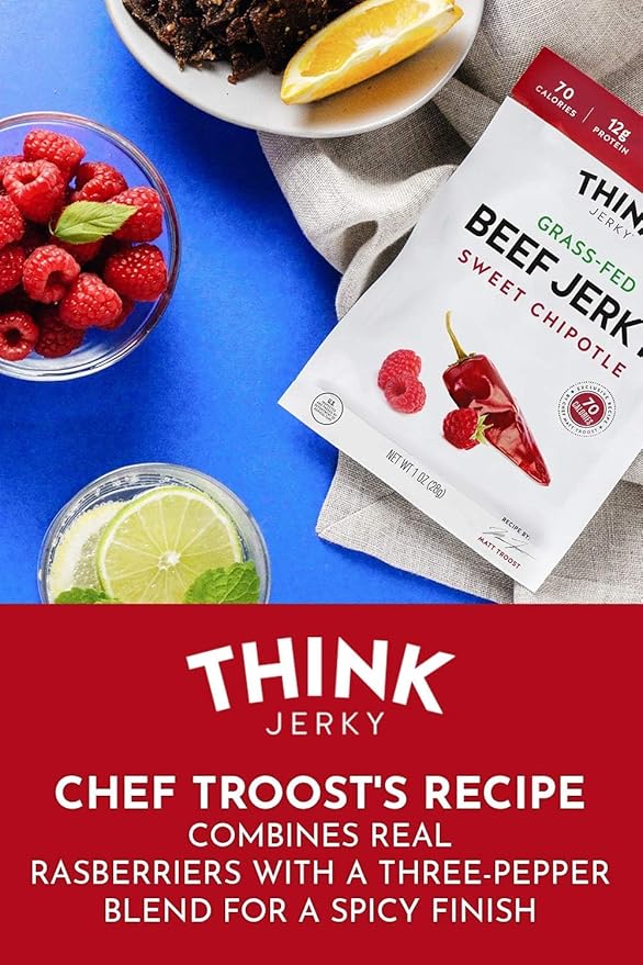 Think Jerky Sweet Chipotle Beef Jerky Grass-Fed High Protein Beef Gluten Free No Antibiotics or Nitrates Healthy Chef Crafted Recipe Low Calorie and Low Fat - 1.0 oz Bags 8 Pack