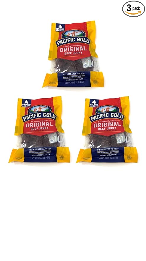 Pacific Gold Original Beef Jerky Gluten Free Real Wood Smoked Beef Jerky - 16 oz Per Bag - No Nitrates No Preservatives and High In Protein - Choose 2 Pack or 3 Pack (3 Pack)