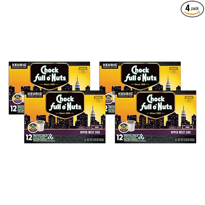 Chock Full o'Nuts Upper West Side Coffee Dark Roast Compatible with K-Cup Pods 12 CT (Pack of 4)