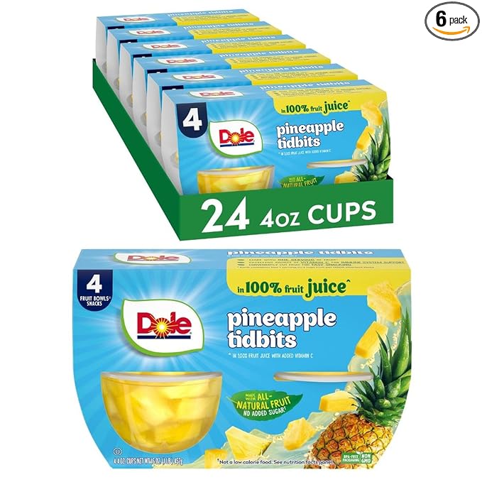 Dole Fruit Bowls Pineapple Tidbits in 100% Juice Snacks 4oz 24 Total Cups Gluten &amp Dairy Free Bulk Lunch Snacks for Kids &amp Adults