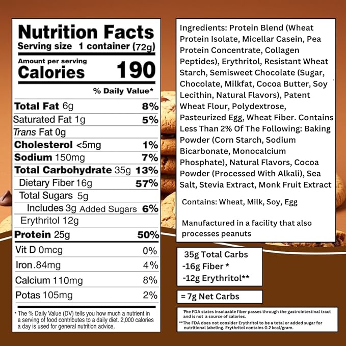 Bootylicious | 25g Protein Muffin | Chocolate Chip | Low Carb 16g Fiber Low Glycimic Index Low Sugar 2.39oz Cup 12-Pack
