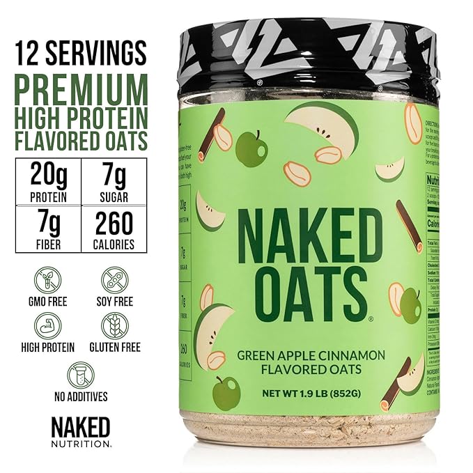 Naked Oats - Apple Cinnamon Overnight Oats 20g Whey Protein Gluten-Free Oatmeal Instant Breakfast or Shake High Protein Oatmeal High Fiber Breakfast Shake Non GMO No Soy - 12 Servings