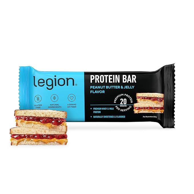 Legion Protein Bar Peanut Butter Jelly - 100% Whey Protein Soy Free Protein Bars with Prebiotic Fiber - Low Fat Healthy Protein Bar - Gluten Free Naturally Flavored Low Sugar Protein Bars (12 Count