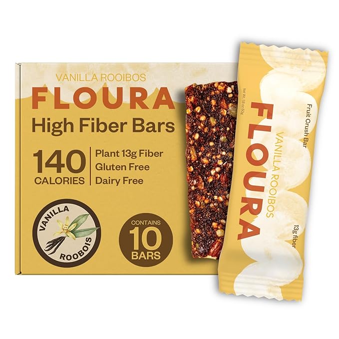 Floura Vanilla Rooibos Fruit-Forward Fiber Bars– High Fiber Vegan Gluten &amp Dairy Free Low Calorie Healthy Snack Bars with Upcycled Produce for Gut Health [10 Pack]