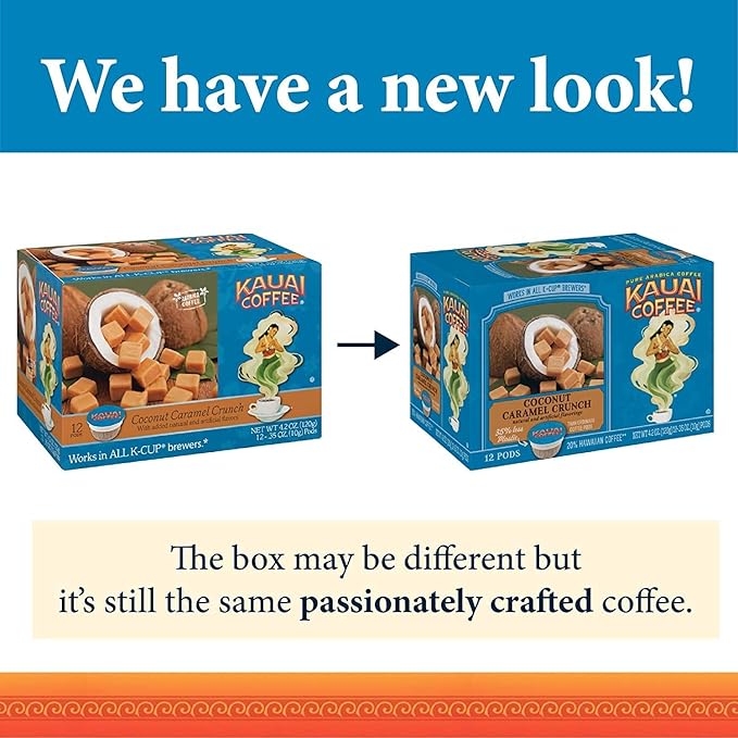 Kauai Coffee | Coconut Caramel Crunch Flavor | Arabica Coffee | 12 PODS