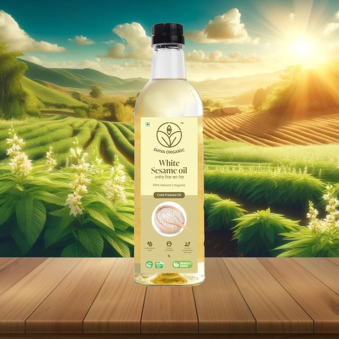 Shiva Organic Cold-Pressed White Sesame Oil - 100% Natural Certified Organic - 1L (33.8 fl oz) for Cooking Dressings and Health