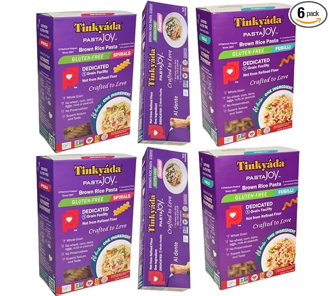 Tinkyada Gluten-Free Brown Rice Pasta Variety Pack 6 Pack – Spaghetti Spirals &amp Fusilli – Wheat-Free Pasta 16 oz Boxes