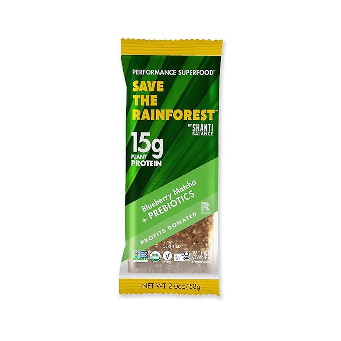 SAVE THE RAINFOREST by SHANTI BALANCE | Blueberry Matcha | 15G Plant Protein | Organic Gluten Free Superfood | Gut Health Prebiotics | Immunity Boosting | Performance Nutrition | 12 Count 2 oz Bars
