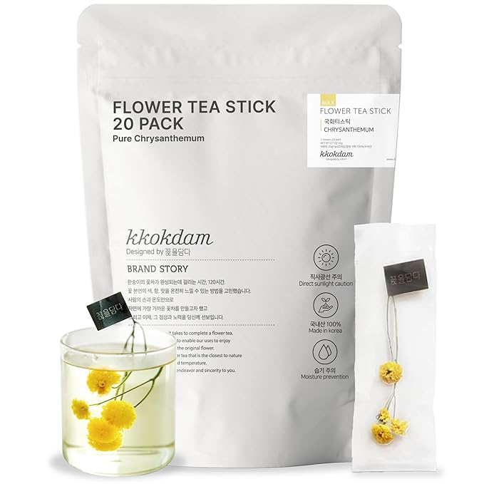 KKOKDAM Chrysanthemum Flower Tea Sticks 20 Count - 100% Natural Edible Blooming Floral Tea Individually Wrapped in Bulk Pouch Caffeine-Free Herbal Tea Gifts