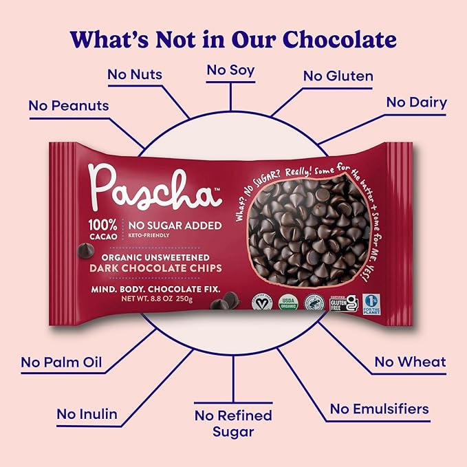 Pascha Organic 100% Cacao Baking Chips - Unsweetened Dark Chocolate - Sugar-Free Keto Vegan Baking Chocolate - Single Ingredient Rainforest Alliance Certified - Allergen-Free (Pack of 6)