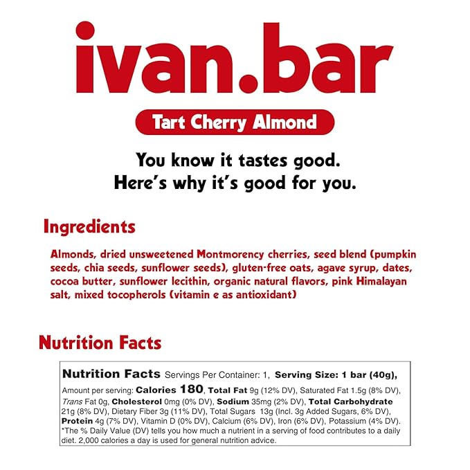 Protein Packed Energy Snack Bar | Provides Healthy Energy | Vegan All Natural Ingredients | Soy Dairy &amp Gluten Free (Tart Cherry - 15-1.4 Oz Bars)