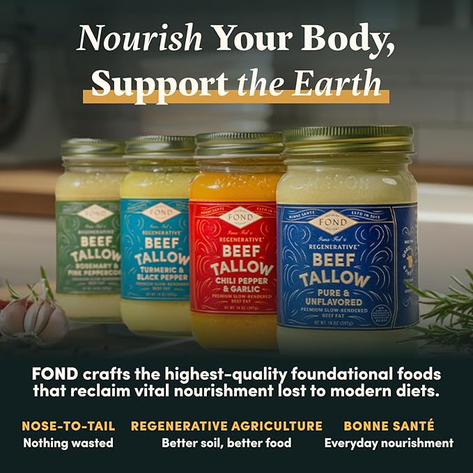 FOND Regenerative Grass-Fed Beef Tallow for Cooking – High Smoke Point Grass Fed Beef Tallow for Frying Sautéing &amp Roasting – Sustainably Sourced Seed Oil Free – Variety Pack 14oz (4-Pack)