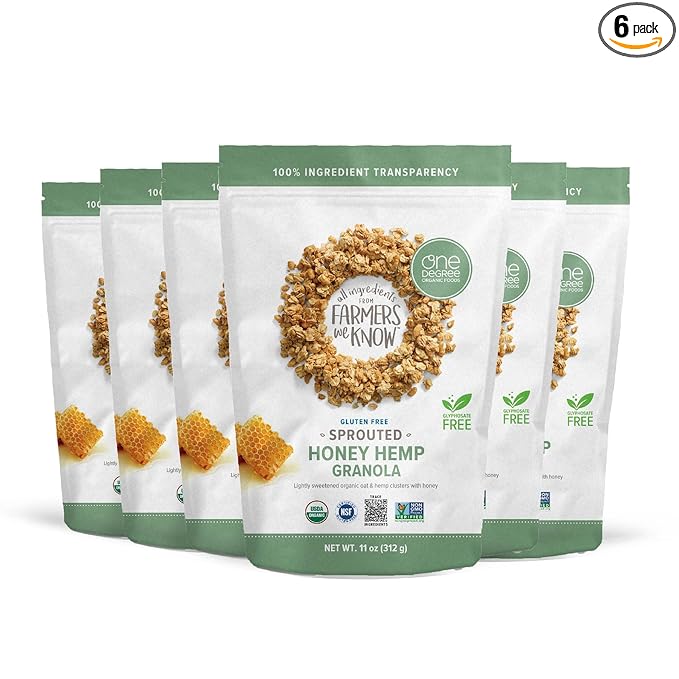One Degree Organic Foods Sprouted Oat Honey Hemp Gluten Free Granola - USDA Organic (11 oz. - 6 pack)