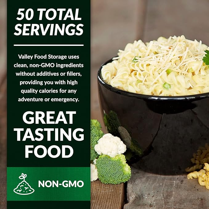 Valley Food Storage Pasta Primavera | 10-Bag Bucket 50 Servings | Non-GMO Premium Emergency Food Supply 25 Year Shelf Life | Survival Meal Kits Prepper Food &amp Off-Grid Living Supplies Packaged