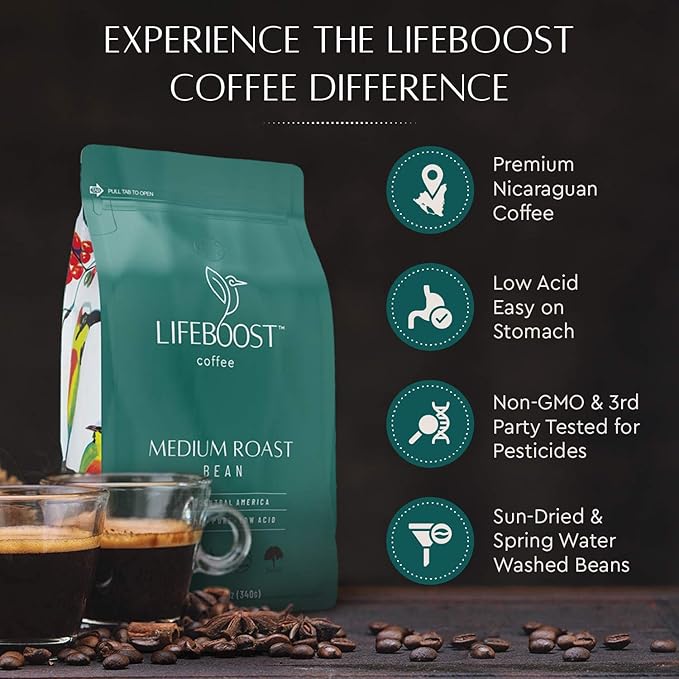 Lifeboost Medium Roast Whole Bean Coffee - Low Acid Organic Coffee Non-GMO USDA Organic Single Origin Third-Party Tested for Mycotoxins &amp Pesticides - 12 oz Pack of 3