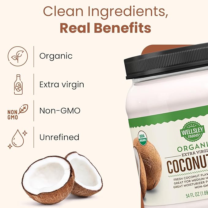 Wellsley Farms Organic Extra Virgin Coconut Oil - Unrefined 100% Pure &amp Natural - Vegan Non-GMO Gluten-Free and Keto-Friendly Cooking Coconut Oil - Ideal for Skin Care &amp Hair Care - 54 oz (