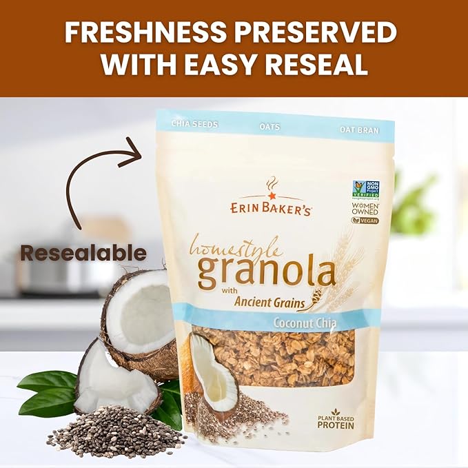 Erin Baker’s Homestyle Coconut Chia Granola with Ancient Grains - Made from Natural Ingredients Crunchy Texture Versatile Snack or Cereal - Vegan Friendly Non-GMO Resealable 160oz Bag 1‑Pack