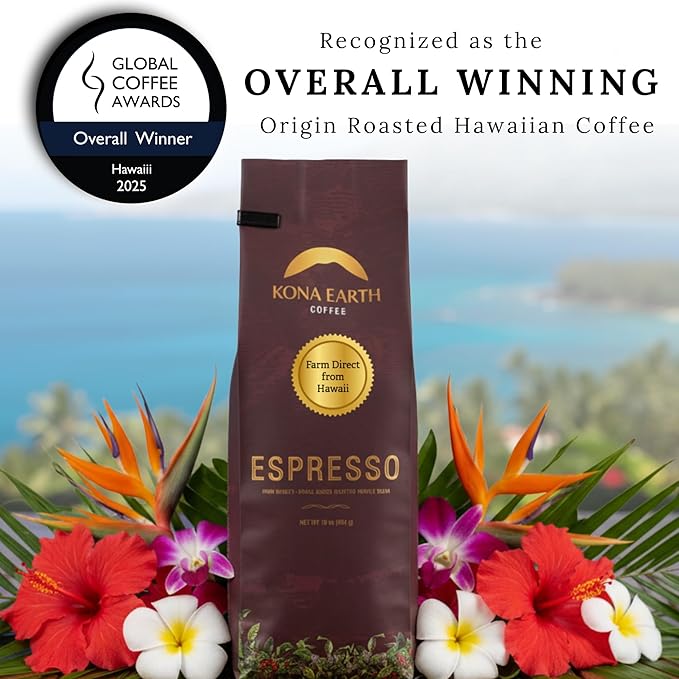 Kona Earth - Dark Roast Hawaiian Espresso Whole Bean 1lb (16 oz) Farm-Direct coffee beans from Hawaii’s Big Island Micro-Batch-Roasted