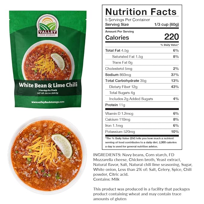 Valley Food Storage White Bean &amp Lime Chili | 10-Bag Bucket 50 Servings | Premium Emergency Food Supply 25 Year Shelf Life | Survival Meal Kits Prepper Food &amp Off-Grid Living Supplies Pack
