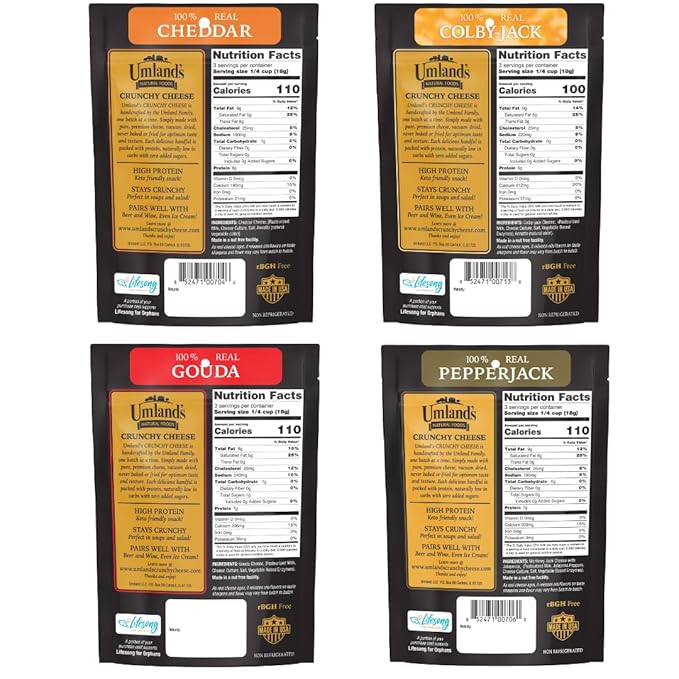 Umland’s Crunchy Cheese – Variety Pack (4 × 1.9 oz Bags) | Cheddar Colby Jack Pepper Jack Gouda | Real Cheese Keto Low-Carb High-Protein Gluten-Free Snack