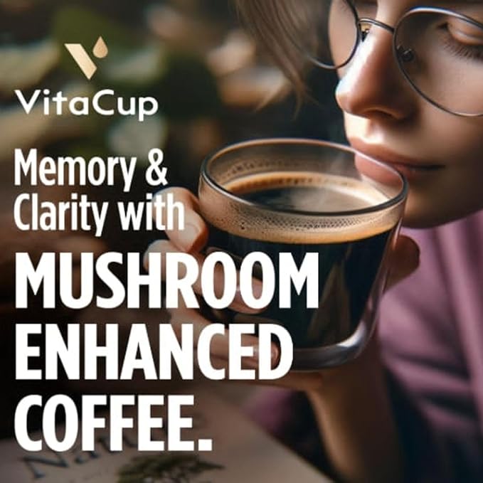 VitaCup Mushroom Coffee Pods Boost Focus &amp Immunity w/Lions Mane Chaga B Vitamins D3 for Memory &amp Clarity Medium Roast Single Serve Pod Compatible w/Keurig K-Cup Brewers64 Ct