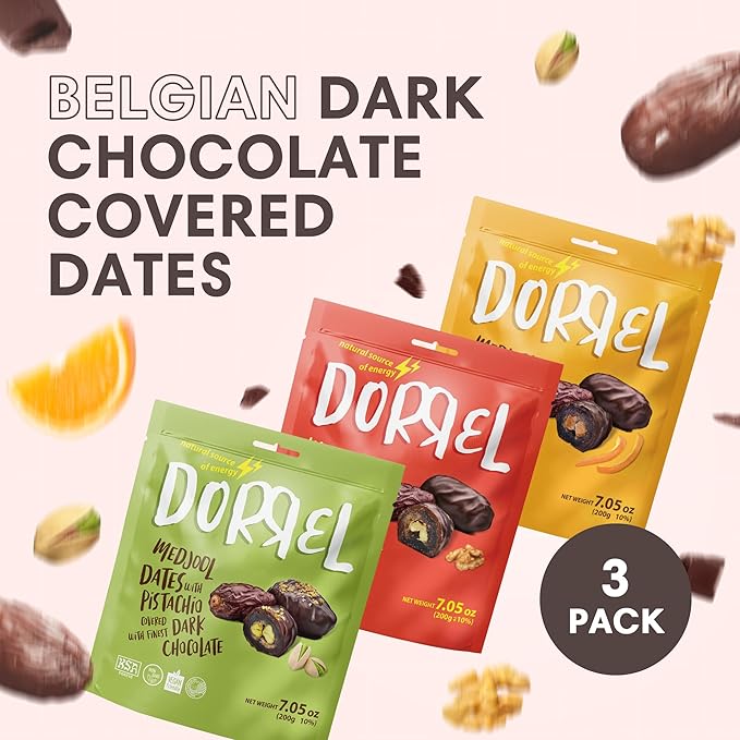 DORREL - Trio Bundle Pack: Belgian Dark Chocolate Covered Dates (Medjool) with Candied Orange Peels Pistachio &amp Walnuts Stuffing High Energy Vegan Choco Snack Kosher &amp Non-GMO Pack of 3 7.