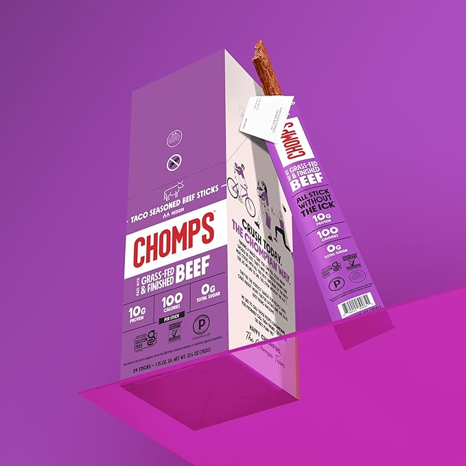 Chomps Grass-Fed and Finished Taco Beef Jerky Snack Sticks 10-Pack - Keto Paleo Whole30 10g Lean Meat Protein Gluten-Free Zero Sugar Food Non-GMO