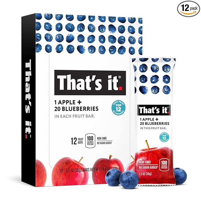 That's it. Apple + Blueberry 100% Natural Real Fruit Bar Best High Fiber Vegan Gluten Free Healthy Snack Paleo for Children &amp Adults Non GMO No Sugar Added No Preservatives Energy Food (12 Pa