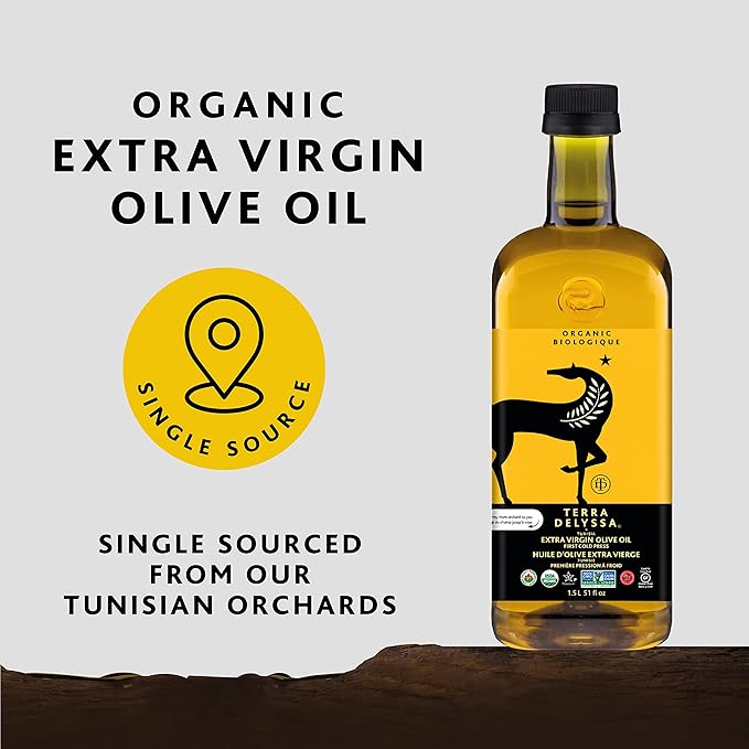 Terra Delyssa First Cold Pressed Organic Extra Virgin Olive Oil Single Sourced 1.5L Dark Plastic Bottle (51 fl. oz) - 1 Pack Certified Kosher. Non-GMO Naturally Rich in Antioxidants and Polyphenol
