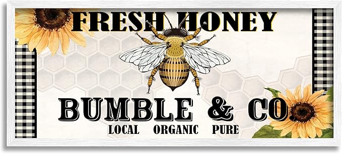 Stupell Industries Fresh Honey Bumble &amp Co. Advertisement Sunflowers Bee White Framed Wall Art 30 x 13 Yellow
