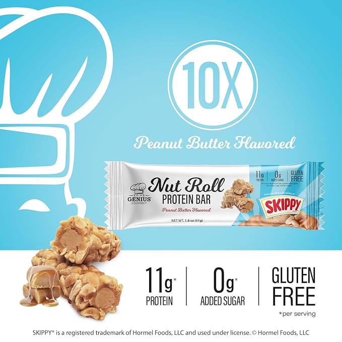 Genius Gourmet SKIPPY Peanut Butter Flavor Inspired Protein Nut Roll Bar11g Protein per serving(18% DV) 0g Added Sugar Carb Conscious Snack Bar Gluten Free – 10 Count