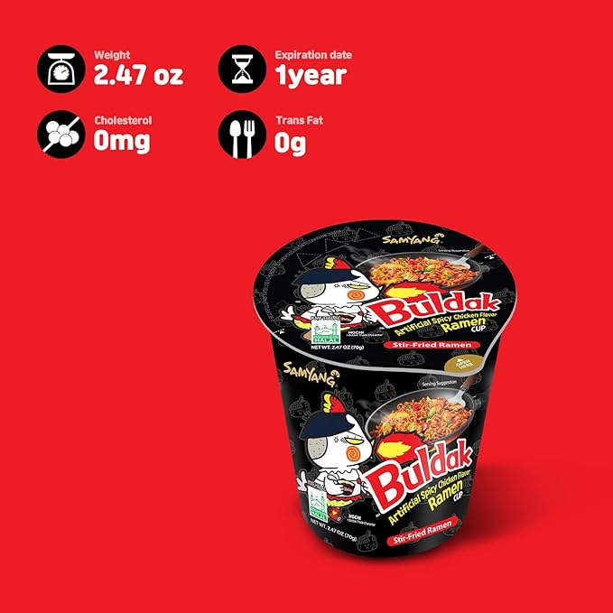 W&ampE Mart Ramen Buldak Hot Spicy Chicken Ramen Noodle Korean Stir-Fried Original Flavor Pack of 6 cups