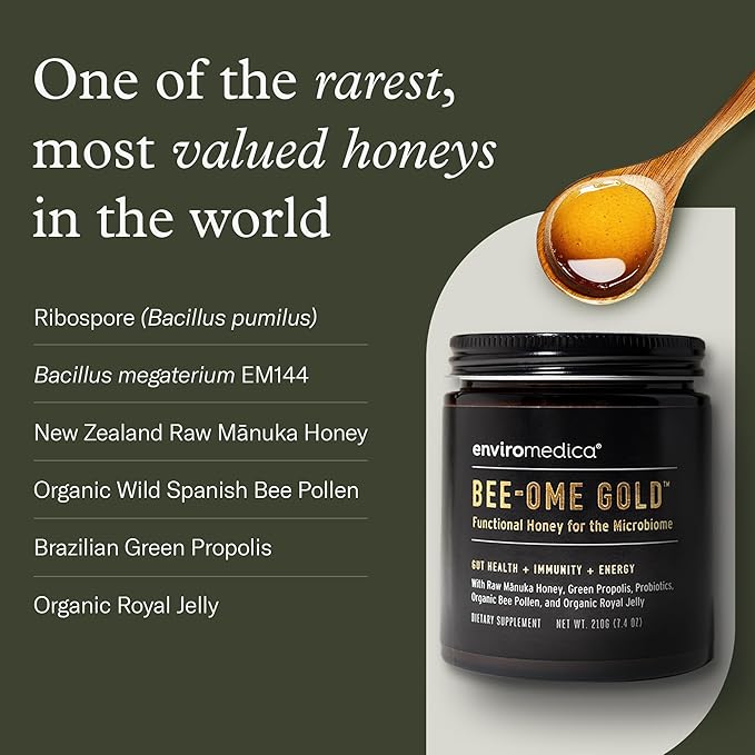 Bee-Ome Gold by Enviromedica - Unpasteurized Raw Manuka Honey with Probiotics Royal Jelly Bee Pollen &amp Propolis Functional Superfood Honey 7.4oz