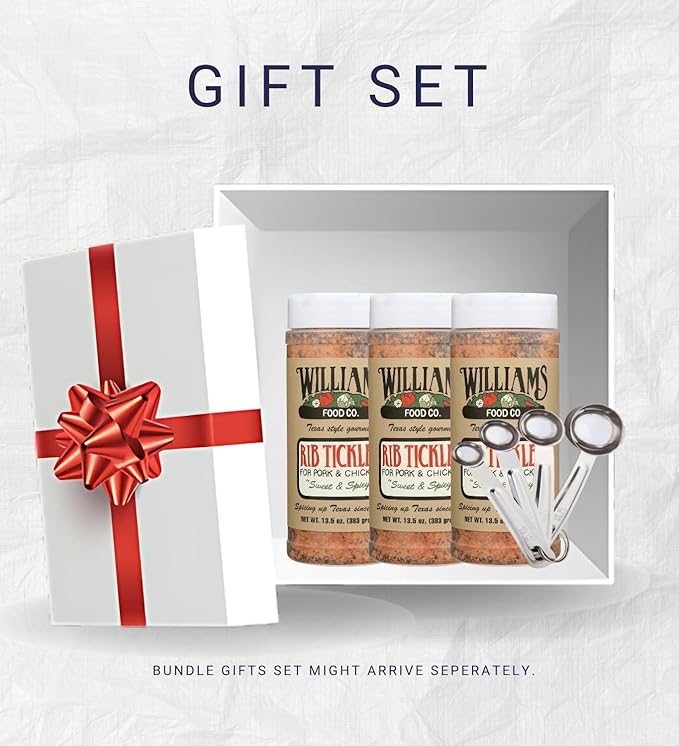 3x Williams Food Co Seasoning Rib Tickler 13.5 OZ – Bundle with Measuring Spoon Set – Includes Williams Chili Seasoning for Ideally Seasoned Ribs and Chili – Gift Set (4 Items)