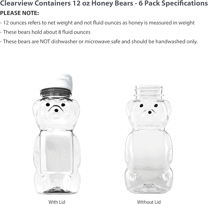 12 Ounce Clear Plastic Squeezable Honey Bears with Sealable Flip Top Lids - BPA Free Hand Wash Only (White 6 Pack)
