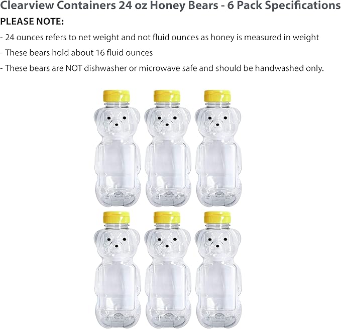 6 Pack of 24 Ounce Honey Bears with Sealable Yellow Flip Top Lids (24 oz. Bear 6pk Yellow)
