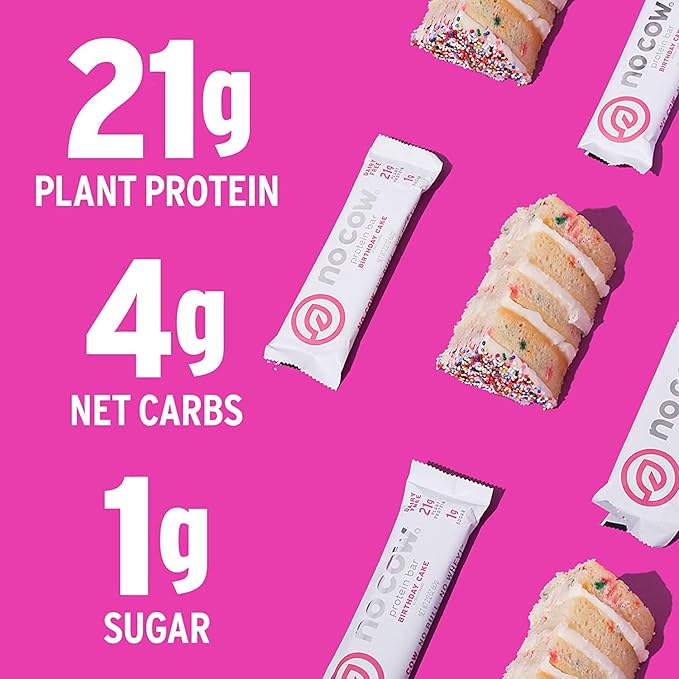 No Cow High Protein Bars Birthday Cake 21g Plant Based Vegan Protein Keto Friendly Low Sugar Low Carb Low Calorie Gluten Free Naturally Sweetened Dairy Free Non GMO Kosher 4 Pack