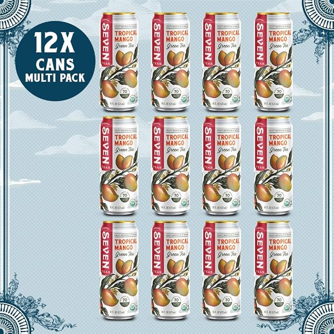 SevenTeas Tropical Mango Green Tea 16 OZ (Pack of 12 Cans) Organic Iced Tea