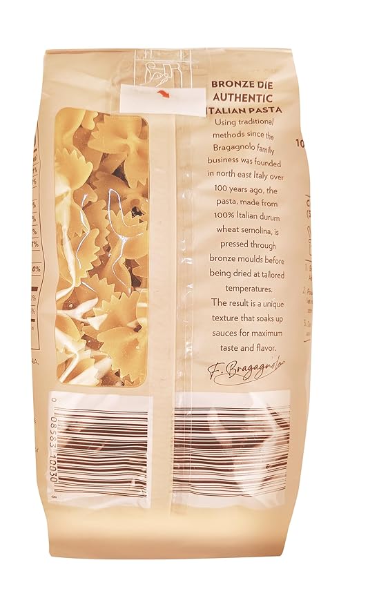 Sample Pack 1(Pastificio Bragagnolo) 1 Pound Bag of Penne Rigate 849 1 Pound Bag of Fusilli 857 1 Pound Farfalle 831 Bronze-Drawn 100% Italian Pasta Made with Durum Wheat Semolina Flour Non GMO