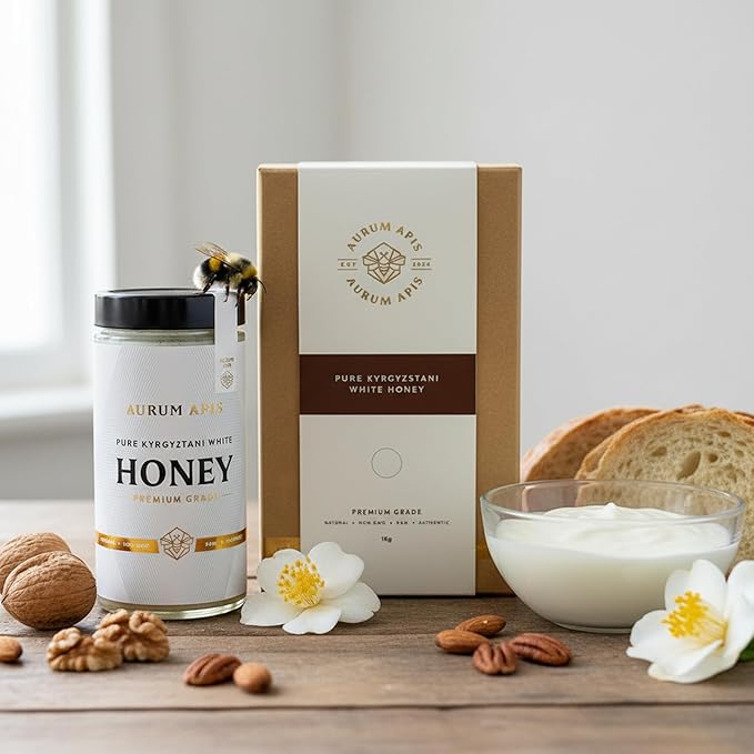 Aurum Apis Raw Kyrgyzstani White Honey 100% Raw &amp Unfiltered Pure Honey Hand Harvested Organic Honey Non-GMO Unprocessed Thick Honey with Creamy Texture Delicate Flavor &amp Aroma – 1kg Hone