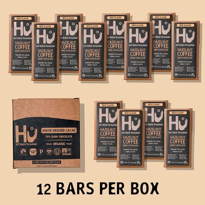 Hu Chocolate Bars | 12 Pack Hazelnut Coffee Crunch Chocolate | Natural Organic Vegan Gluten Free Paleo Non GMO Fair Trade Dark Chocolate | 2.1oz Each