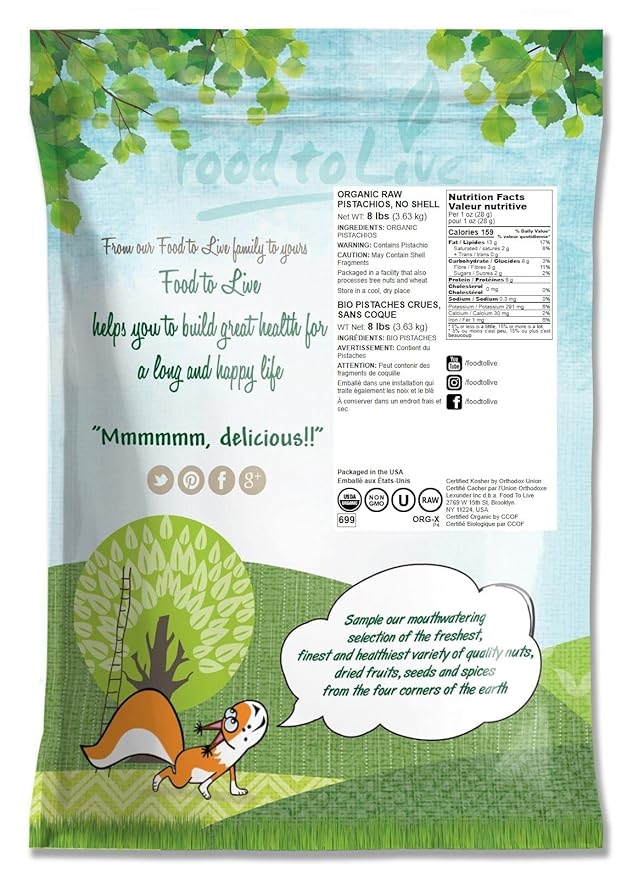 Food to Live Organic Raw Pistachios No Shell 8 Pounds – Non-GMO Unsalted and Unroasted Kernels. Perfect for Snacking and Cooking. Nutritious Nuts Packed with Protein Fiber. Vegan. Kosher. Bulk
